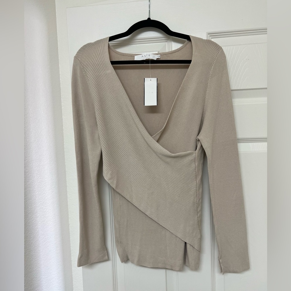 ASTR The Label Tan Cross Wrap Front Sweater